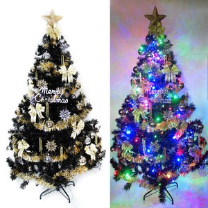 摩達客 台製5尺豪華黑色聖誕樹+金銀色系配件+LED燈100燈彩光2串