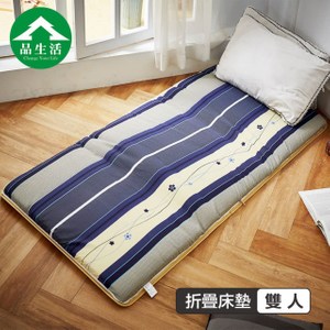 【品生活】冬夏兩用青白鋪棉三折床墊5x6尺雙人(橫條藍)5X6