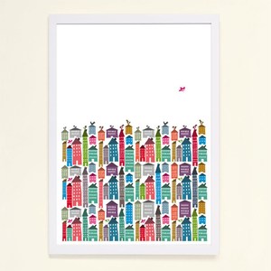 【摩達客】西班牙知名插畫家Judy Kaufmann藝術創作海報版畫掛畫裝飾畫-房屋與鳥