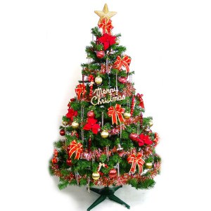 【摩達客】台灣製5尺(150cm)豪華版裝飾綠聖誕樹(飾品組-紅金色系)不含燈(本島免運