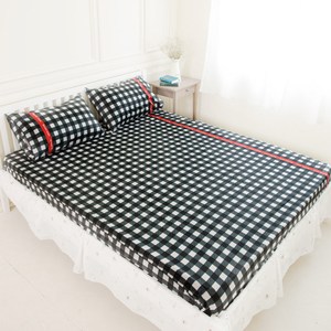 【奶油獅】格紋系列-100%精梳純棉床包三件組-黑(雙人特大7尺)